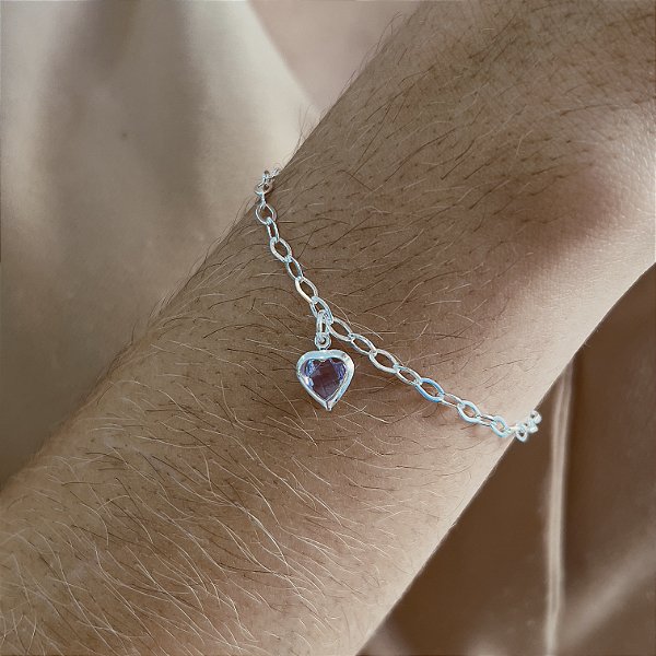 Pulseira Coração Pedra Lilás Prata 925 - 18cm - PPR125