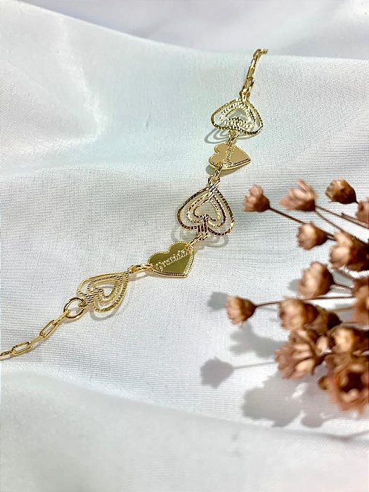 Pulseira Coração Gratidão Semijoia 18k - 17cm + 3cm extensor