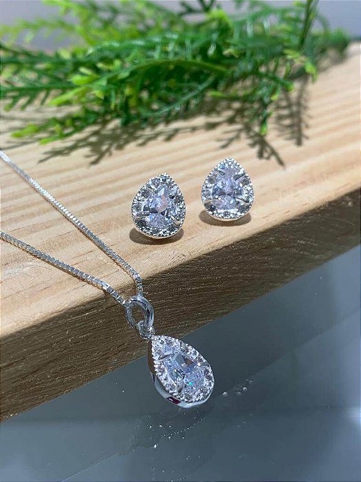 Conjunto Gota com Pedra Prata 925 - 45cm - CJPR23