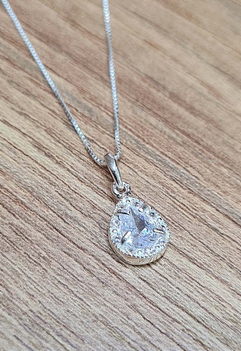 Gargantilha  Pingente Gota com Pedras Prata 925  - 45cm - CPR256