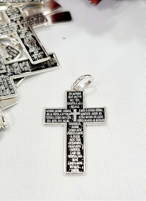 Pingente Crucifixo Pai Nosso Resinado Prata 925 - 24mm