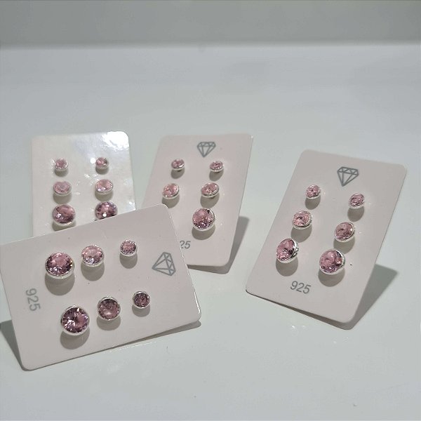 Trio de Brincos Rosa com Cravação Inglesa Prata 925 - 3mm 4mm 5mm - BPR306