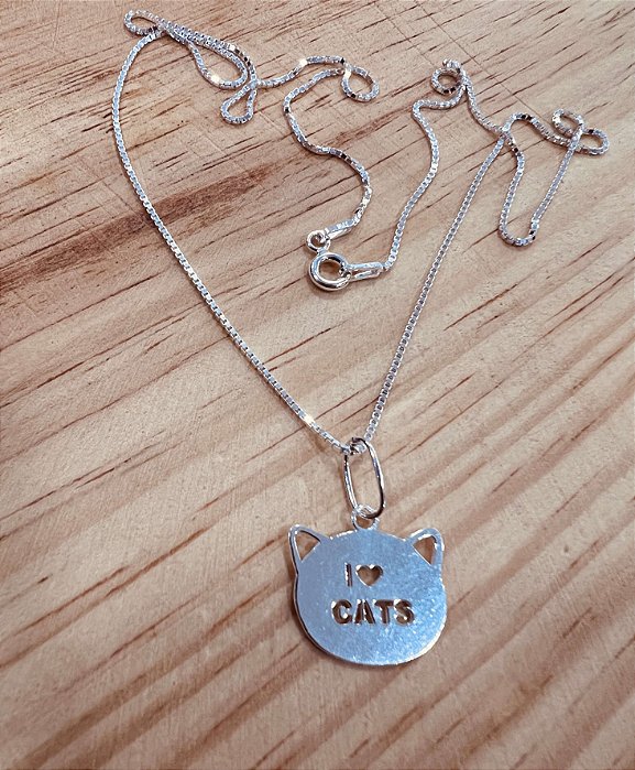 Gargantilha com Pingente Amo Gatos Prata 925 - 45cm - CPR297