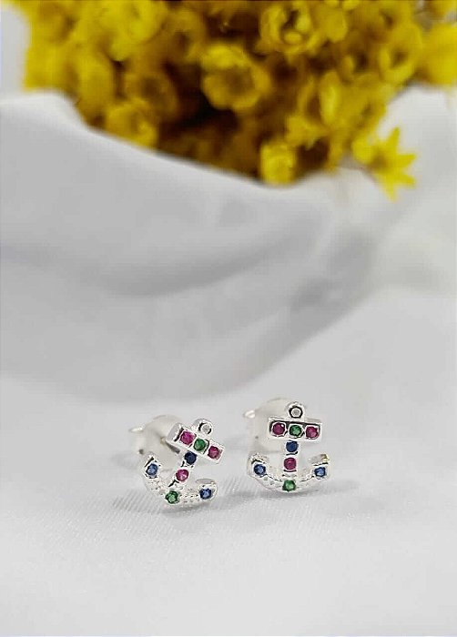 Brincos Âncora com Zircônias coloridas Prata 925 - 5mm - BPR335