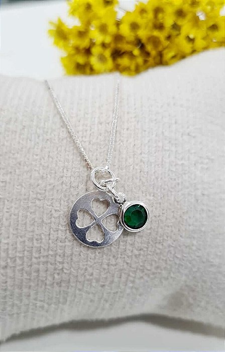 Gargantilha Trevo com Pedra Verde Prata 925 - 45cm - CPR313