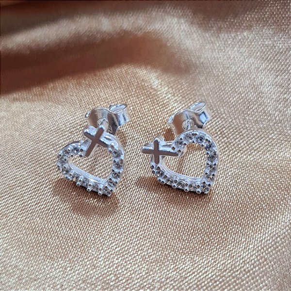 Brincos Prata 925 Coração/Cruz Cravejados com Zircônias - 7mm - BPR343