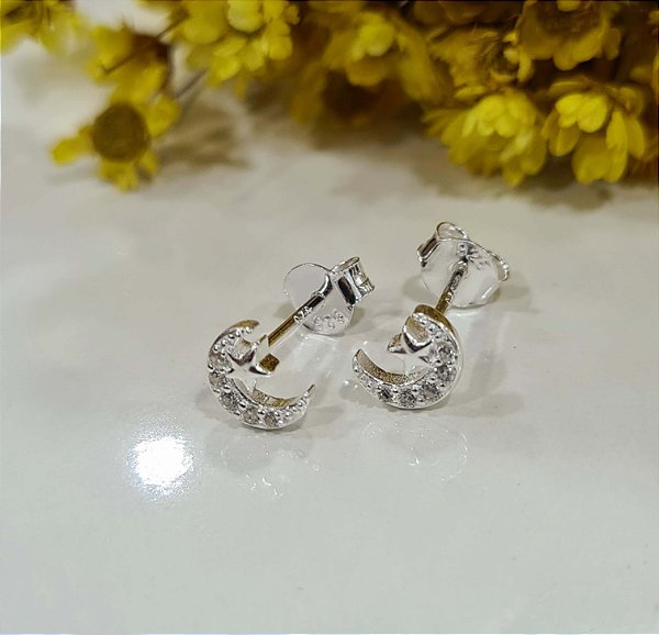 Brincos  Lua Cravejada com Zircônias Prata 925 - 5mm - BPR345