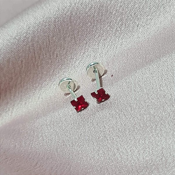 Brincos Quadrado com Tarraxa Baby Pedra Vermelha - 3mm - BPR350