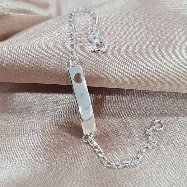 Pulseira Infantil Plaquinha com Coração Prata 925 - 14cm - PPR184