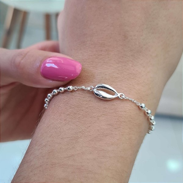Pulseira com Bolinhas e Búzios Prata  - 17+4cm - PPR187