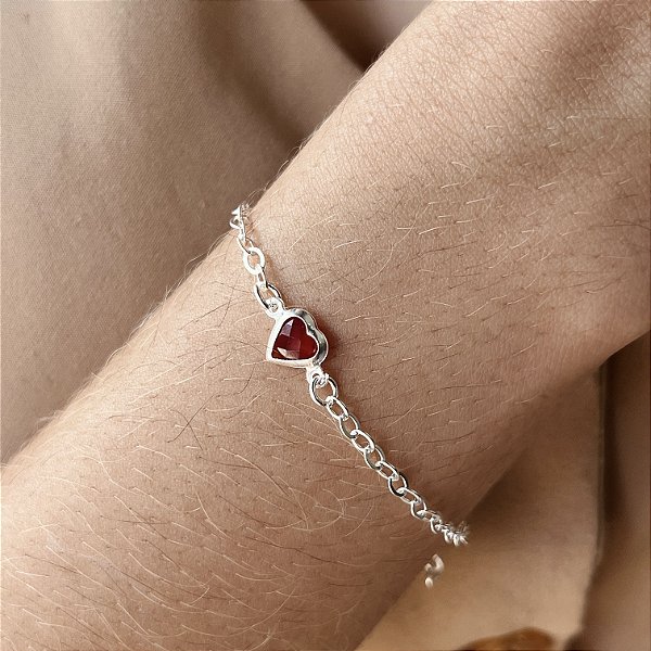 Pulseira com Coração Pedra Vermelho Prata 925 - 18cm - PPR189