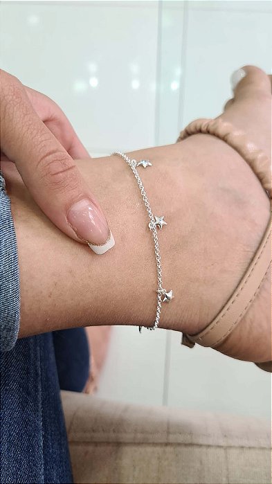 Tornozeleira com Estrelinhas Lisa Prata 925 - 24cm - TPR47