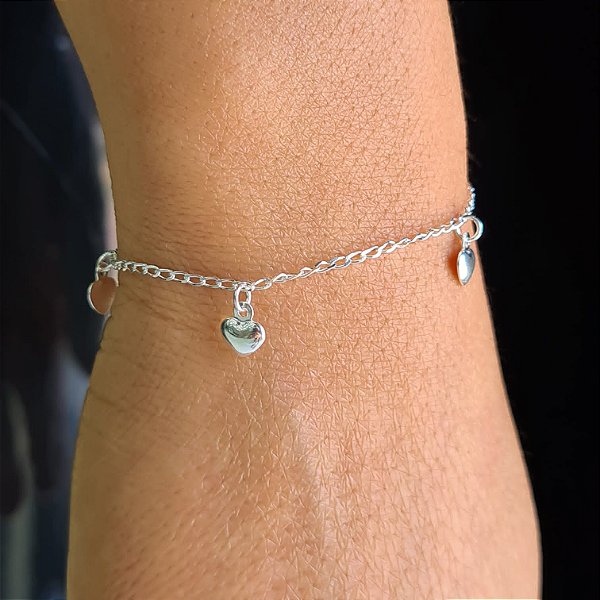 Pulseira Infantil com Corações Liso Prata 925 - 14cm - PPR218