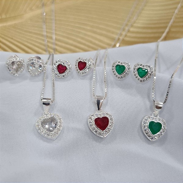Conjunto Coração Cravejado com Zircônias Prata 92 - CJPR36