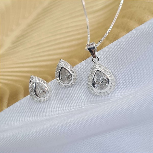 Conjunto Gota Cravejado com Zircônias Prata 925 - v12 - 45cm - CJPR38