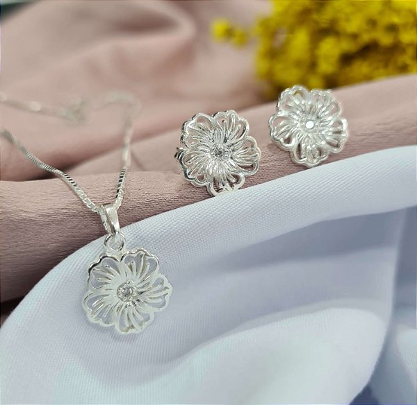 Conjunto Flor Prata 925 - v15 - 45cm - CJPR43