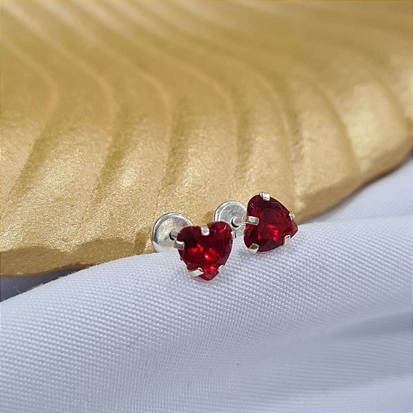 Brincos com Coração Vermelho Tarraxa Baby 5mm Prata 925 - BPR396
