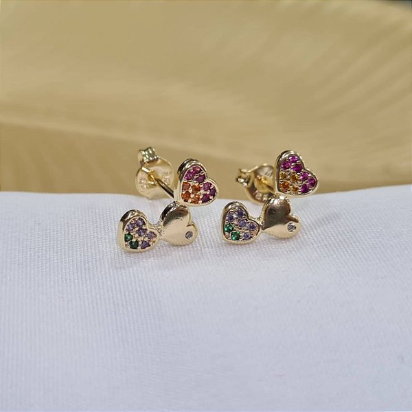 Brincos 03 Corações com Zircônias Coloridas Semijoia 18k - 12mm - MB336
