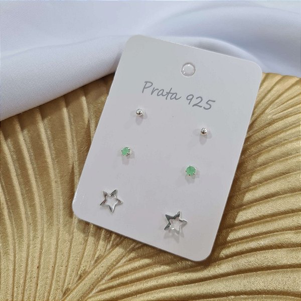 Trio de Brincos com Estrelinha Bolinha Pedrinha Prata 925 - BPR411