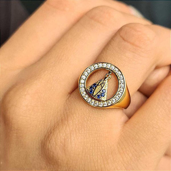 Anel Nossa Senhora Aparecida Cravejado com Zircônias Semijoia18k -MA41