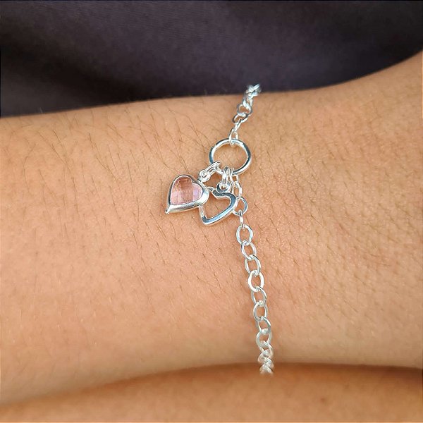 Pulseira com Pingente Coração Rosa Prata 925 - PPR252