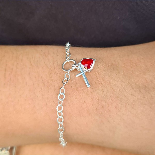 Pulseira com Pingente Coração Crucifixo Prata 925 - 18cm - PPR253