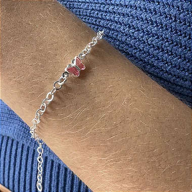 Pulseira com Borboleta Rosa Prata 925 - 18cm - PPR264