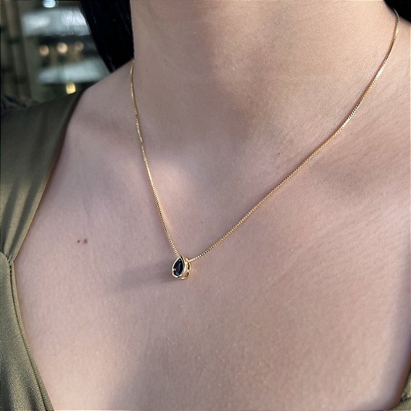 Gargantilha Gota Pedra Preta Semijoia 18k - 45cm - MC366