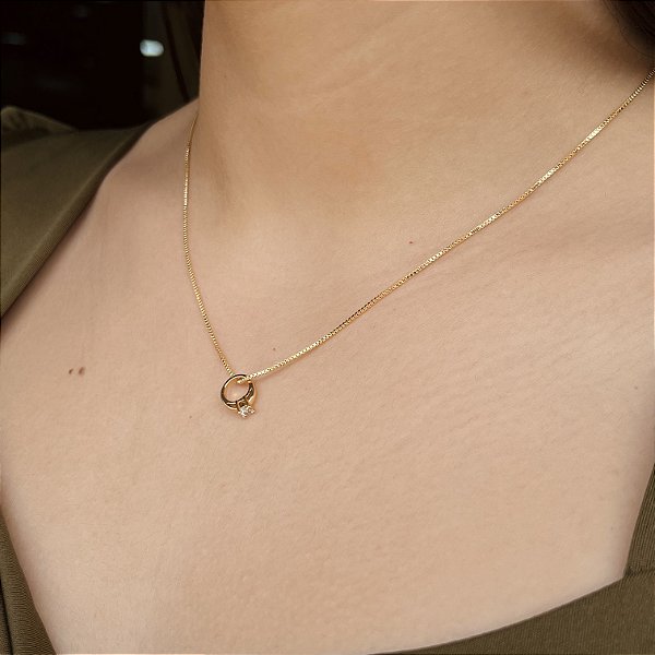 Gargantilha com Anel Solitário Pedra Vermelha Semijoia 18k - 45cm - MC489