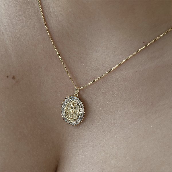 Gargantilha N.Sra das Graças Cravejada Semijoia 18k - MC857