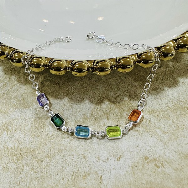Pulseira com Pedras Coloridas Prata 925 - 18cm - PPR290