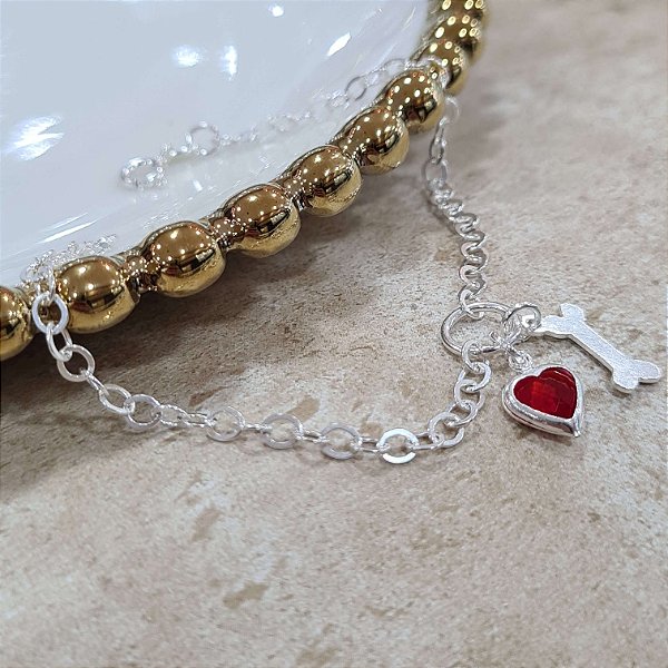 Pulseira com Pingentes Coração Pet Prata 925 - PPR291