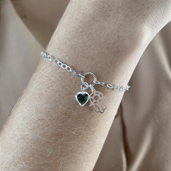 Pulseira Coração com Mão de Fátima Prata 925 - PPR292
