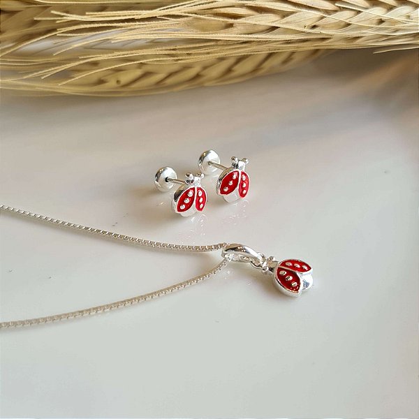 Conjunto Infantil Joaninha Resinada  Prata 925 - 40cm -  CJPR56