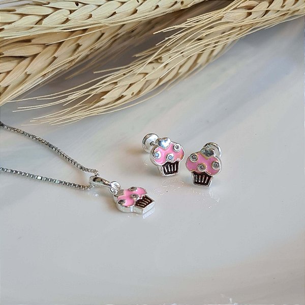 Conjunto Infantil Cupcake Resinado com Prata 925 - 40cm -  CJPR57