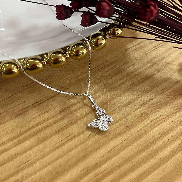 Gargantilha Borboleta Cravejada Prata 925 - 45cm - CPR446