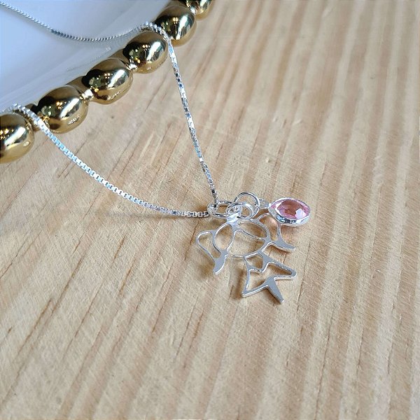 Gargantilha com Pingente Menina Pedra Rosa Prata 925 - CPR447