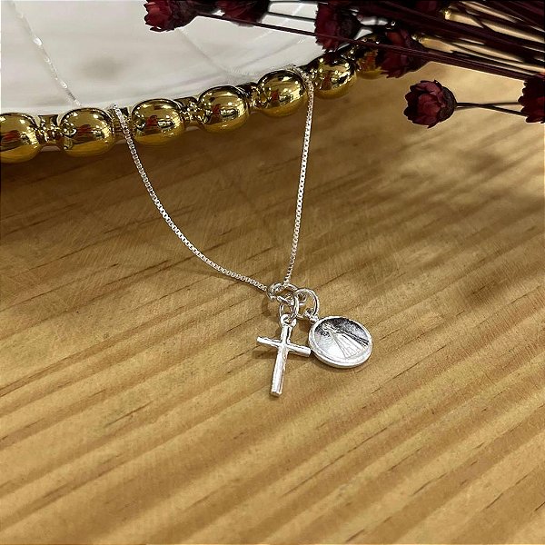 Gargantilha Pingente Crucifixo e Nossa Senhora Aparecida Prata 925 - CPR451