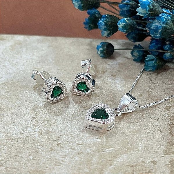 Conjunto Coração Cravejado com Zircônias Prata 925 - CJPR62