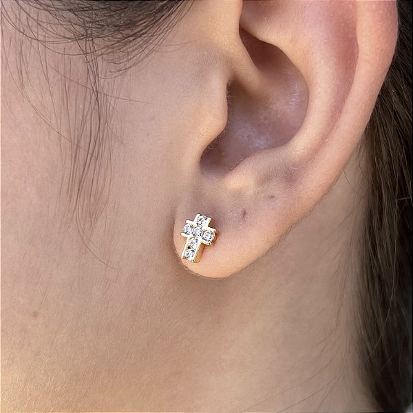 Brincos crucifixo com Pedras Semijoias 18k 8mm - MB704