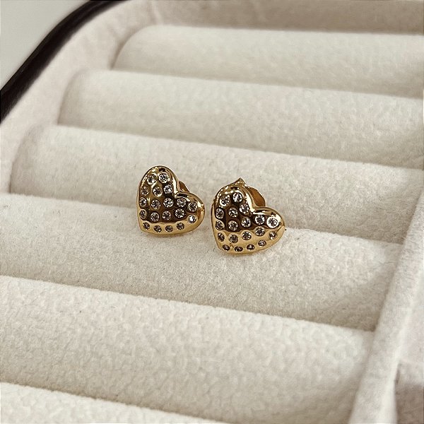 Brincos Coração com Pedras Semijoias 18k 8mm - MB693