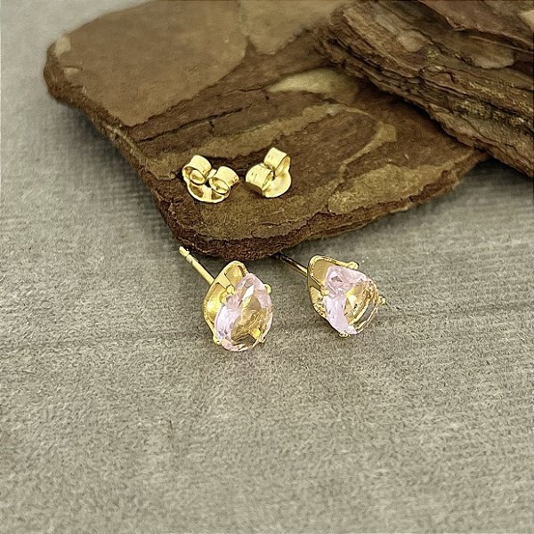 Brincos Gota com Pedra Rosa Semijoias 18k - 8mm - MB646