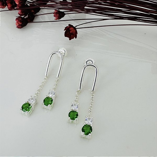 Brincos  Feminino com Pedras Verde Prata 925 - 36mm - BPR511