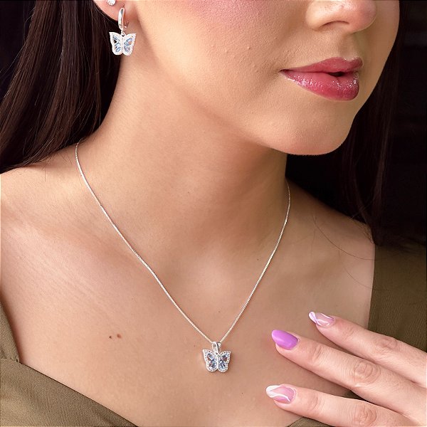 Conjunto Borboleta com Zircônias Azul e Cristal Prata 925 - CJPR68