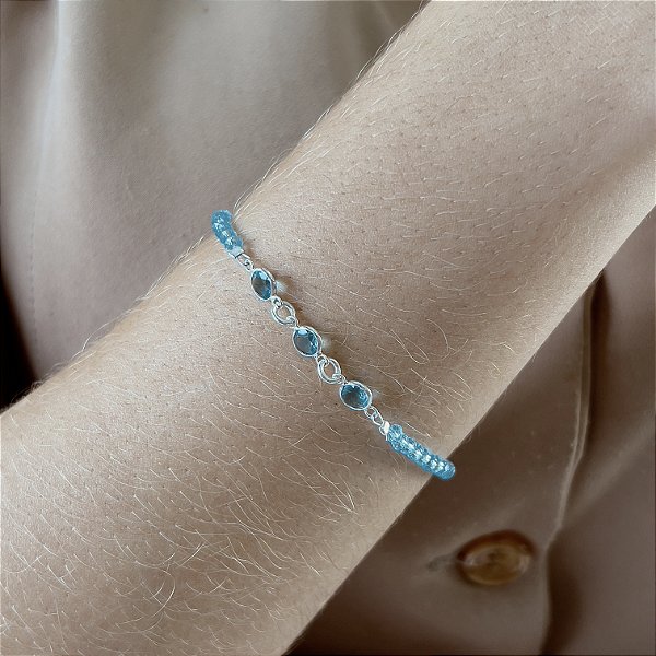 Pulseira com Pedra Cristal  AzuL Prata 925 - 18+3cm - PPR313