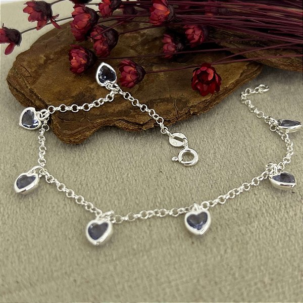 Pulseira Pingentes Corações Zircônias Prata 925 - 18cm - PPR323
