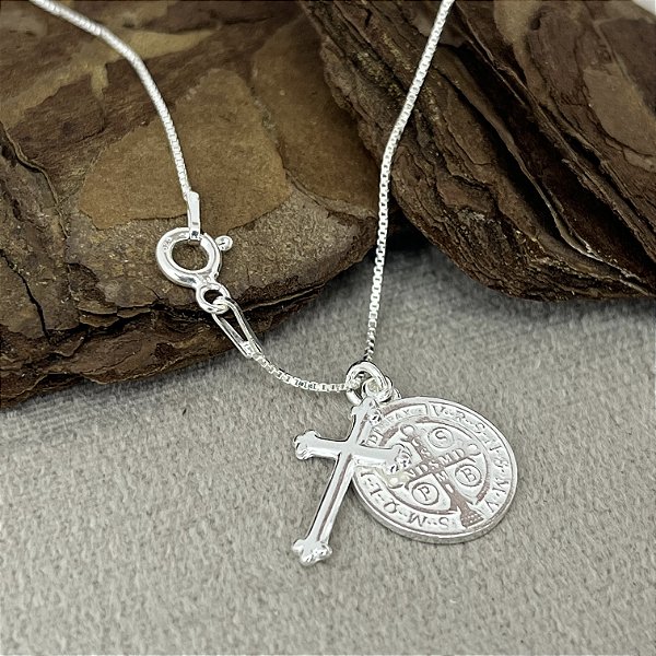 Gargantilha com Pingente São Bento e Crucifixo Prata 925 - 45cm - CPR540