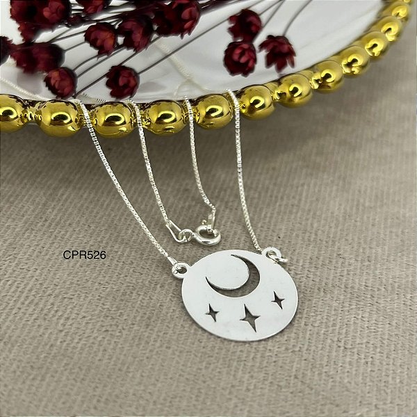 Gargantilha com Mandala Lua e Estrela Prata 925 - 20mm - 45cm - CPR526