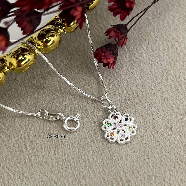 Gargantilha com Pingente Flor Zircônias Colorida Prata 925 - v12 - 45cm - CPR536
