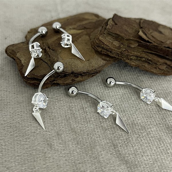 Piercing Umbigo Aço com Pingente Prata 925 Pedra Zircônia - PIPR243